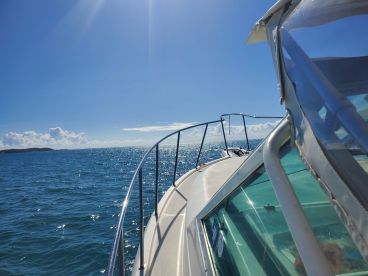 A stunning view of a boat's side as it navigates through sparkling blue waters under a clear sky, perfect for showcasing the beauty of a day on the water.