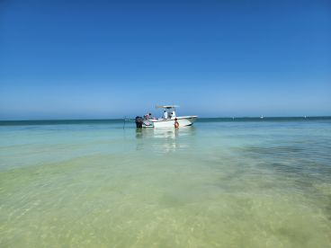 A boat anchored in shallow, clear waters with a person enjoying a swim nearby, capturing the essence of a perfect beach day.