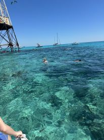 A vibrant scene of snorkelers exploring the crystal-clear waters, with boats anchored nearby — a perfect day for aquatic adventures.