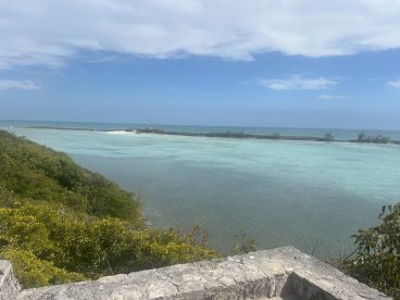 A stunning view of a tranquil coastline with turquoise waters and lush greenery, perfect for showcasing the natural beauty of island destinations.
