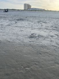 A beach scene with people in the background, but the focus is unclear due to the angle and distance.