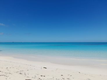 A stunning view of a pristine beach with turquoise waters and a clear blue sky, perfect for showcasing tropical destinations and serene getaways.