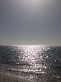 A serene view of the ocean reflecting sunlight, creating a sparkling effect on the water's surface.