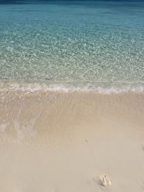 A serene view of clear water lapping against a sandy beach, capturing the tranquil essence of a tropical getaway.