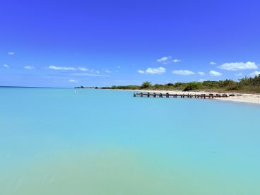 A serene view of turquoise waters and a distant pier under a clear blue sky, perfect for showcasing tranquil coastal landscapes.