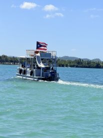 A pontoon boat cruises through clear turquoise waters, showcasing a vibrant Puerto Rican flag — perfect for exploring the scenic coastline.