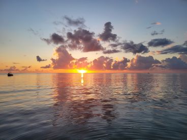 A stunning sunset over calm waters, with a boat silhouetted against the vibrant sky — perfect for capturing the beauty of evening cruises.