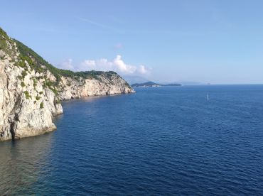 A stunning view of a rocky coastline with lush greenery, showcasing the beauty of the sea and a distant sailboat, perfect for highlighting scenic boat trips and coastal adventures.