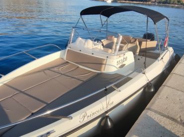 A sleek speedboat named 'Princess Lea' docked peacefully, showcasing its elegant design against the calm waters.
