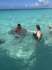 Participants interact with a stingray in the clear waters, showcasing an unforgettable wildlife experience in a tropical paradise.
