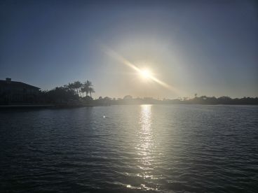 A stunning sunset over tranquil waters, framed by palm trees and a serene coastline — perfect for capturing the beauty of evening boat trips.