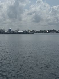 A distant view of a marina with several boats docked, but the image lacks clarity and detail.