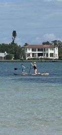 Two individuals enjoy paddleboarding on calm waters, showcasing a fun water activity perfect for family outings or adventurous trips.