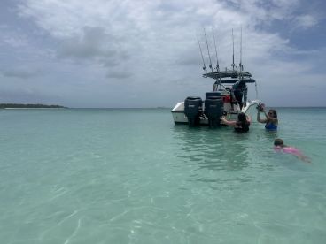 A group enjoys a fun day in the water, interacting with a boat while swimming in crystal-clear waters — perfect for memorable aquatic adventures.