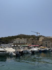 A picturesque view of a harbor filled with various boats, showcasing the vibrant atmosphere of coastal life.