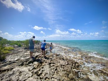A family explores a rocky shore by the turquoise waters, enjoying a day of adventure and discovery in a beautiful coastal setting.