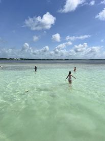 Children enjoy a fun day swimming in the shallow, clear waters, creating unforgettable memories at the beach.