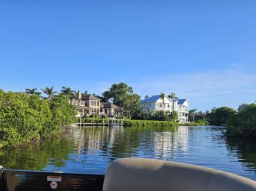 A picturesque view of waterfront homes along a serene waterway, showcasing the beauty of coastal living and nature.