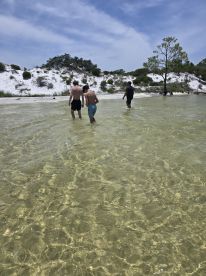 A group of friends wades through shallow waters at a picturesque sandbar, enjoying a sunny day at the beach.