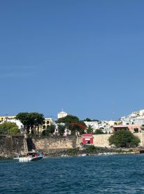 A scenic view of a harbor with a small boat and colorful buildings along the coastline, capturing the vibrant atmosphere of the area.