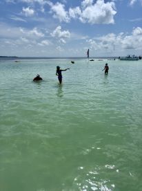 A lively scene of children and adults enjoying a fun day in the shallow waters, playing catch and soaking up the sun — perfect for family outings and beach activities.