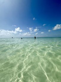 A serene beach scene featuring people wading in crystal-clear waters under a bright blue sky, perfect for showcasing tropical destinations and water activities.