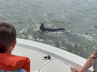 A child and a young girl observe a dolphin swimming close to their boat, capturing a memorable wildlife encounter on the water.