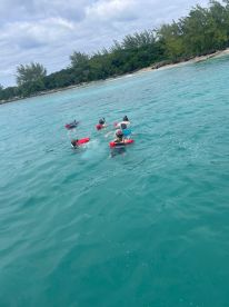 A group of snorkelers explores the vibrant underwater world in crystal-clear waters, perfect for aquatic adventures and beach outings.
