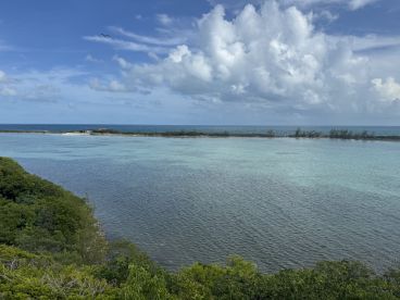 A stunning view of a tranquil coastline with turquoise waters and lush greenery, perfect for showcasing the natural beauty of island destinations.