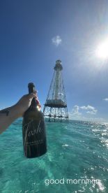 A hand holds a bottle of prosecco against the backdrop of a stunning lighthouse in clear turquoise waters, perfect for celebrating special moments on the water.