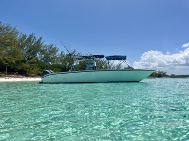 A sleek speedboat anchored in crystal-clear waters, surrounded by lush greenery — perfect for a day of adventure on the water.