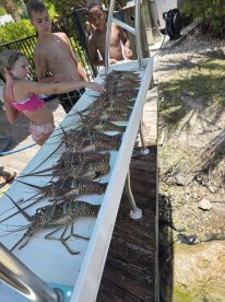 Children excitedly examine a catch of lobsters on a dock, showcasing a fun fishing experience in a tropical setting.