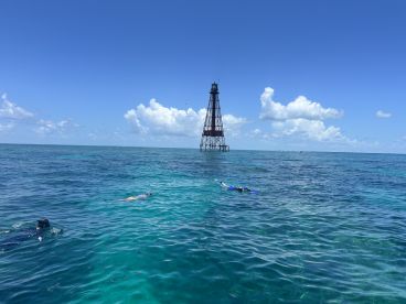 Snorkelers explore the vibrant waters near a historic lighthouse, showcasing the beauty of marine life and the excitement of underwater adventures.