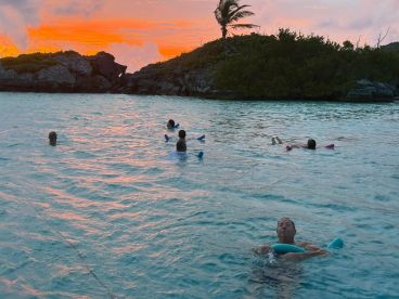 A group enjoys a serene sunset swim in calm waters, creating a perfect backdrop for relaxation and fun in the sun.