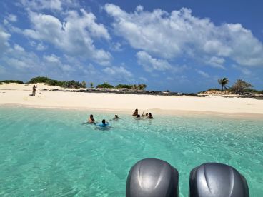 A lively group enjoys a sunny day at the beach, swimming in crystal-clear waters — perfect for family fun and sandbar adventures.