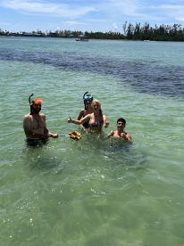 A lively group enjoys snorkeling in clear waters, showcasing a fun day of swimming and exploration in a tropical paradise.