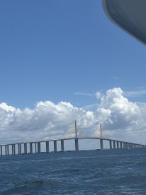 A stunning view of a bridge spanning over the water, framed by a bright blue sky and fluffy clouds — a picturesque moment captured during a boating adventure.