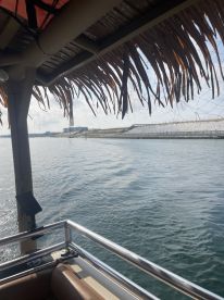 A cozy view from inside a boat, showcasing the seating area and a thatched roof, perfect for enjoying the serene waters.