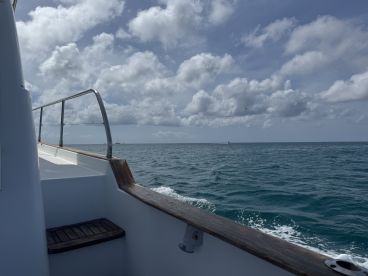 A scenic view from the side of a boat, showcasing the open water and cloudy sky — perfect for capturing the essence of a day on the sea.