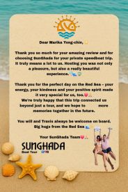 A heartfelt thank-you note from the SunGhada team, expressing gratitude for a private speedboat trip on the Red Sea, featuring a photo of happy guests. Perfect for showcasing memorable experiences on the water.