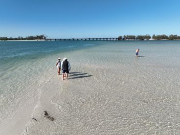 A group enjoys a sunny day at the beach, wading in shallow waters — a perfect sandbar stop for family fun and relaxation.
