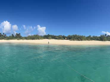 A serene view of a beach with a person walking along the shoreline, showcasing the stunning turquoise waters and lush greenery — perfect for island exploration and relaxation.