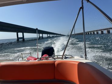 A scenic view from a boat cruising beneath a bridge, showcasing the thrill of being on the water and the beauty of the surrounding landscape.