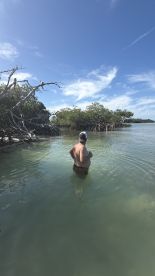 A person wades through shallow waters surrounded by mangroves, capturing the serene beauty of nature — a perfect spot for eco-tours and exploration.