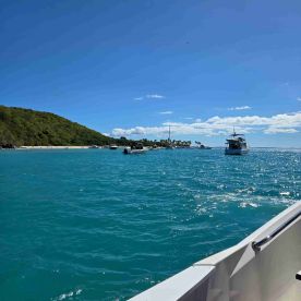A picturesque view of boats navigating through turquoise waters near a lush coastline, showcasing the beauty of island life and perfect for adventure seekers.