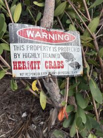 A humorous warning sign about highly trained hermit crabs, adding a quirky touch to the coastal landscape.