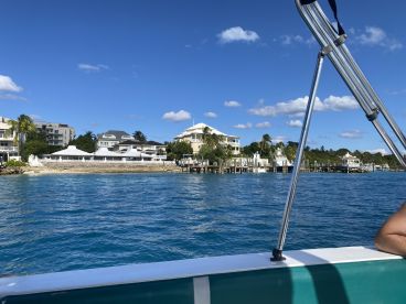 A scenic view from a boat showcasing a beautiful coastline with lush palm trees and charming waterfront properties, perfect for a relaxing day on the water.