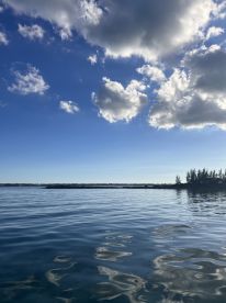 A serene view of the sky and water, capturing the tranquil atmosphere but lacking clear focus on any specific subject.