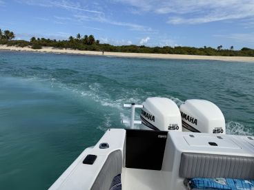 A sleek speedboat is captured in motion, showcasing its powerful Yamaha engines against a backdrop of a serene beach and clear turquoise waters.