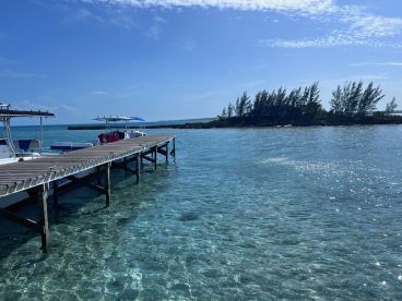 A serene view of a wooden dock extending into crystal-clear waters, with boats ready for adventure against a backdrop of lush greenery and a bright blue sky.